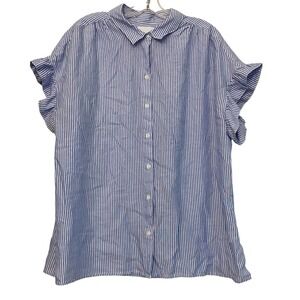 Lola River Women's Blue White Striped Ruffle Sleeve Button-Up Shirt XL Preppy